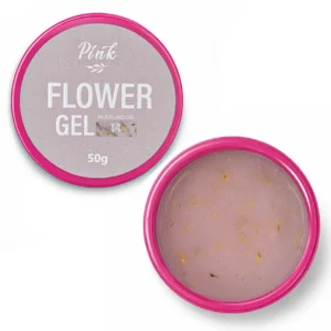 Pink Flower Gel Nude №14 – mléčně nude základ s žlutými květy a třpytivými vločkami.